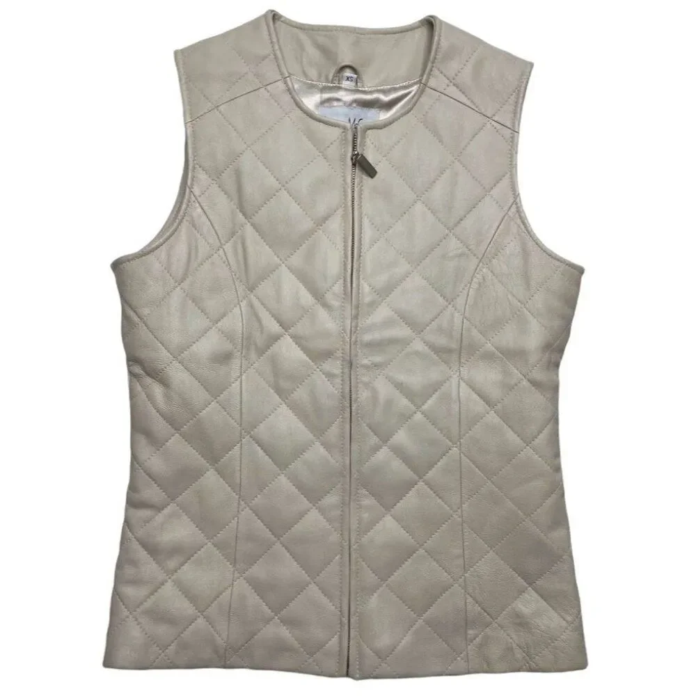 Patricia McCoy Leather Vest Jacket‎ Women's XS Cream Quilted Sleeveless Zipper